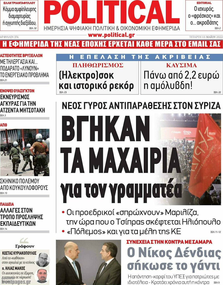 Τα πρωτοσέλιδα των πολιτικών και αθλητικών εφημερίδων